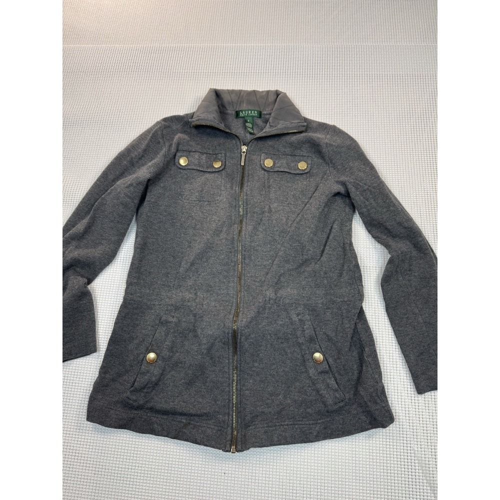 Lauren Ralph Lauren Gray Zip Jacket Gold Buttons Women Size S